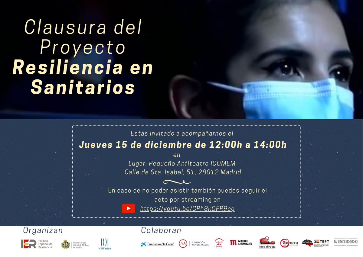 Queremos invitaros al acto que tendremos el jueves 15 de diciembre a las 12:00h en el <a href="/Icomem_Oficial/">ICOMEM</a> donde se realizará la clausura de nuestro programa para sanitarios y la presentación del libro “Supérate. La Resiliencia se aprende” ¡Os esperamos!
#LaResilienciaSeAprende.
