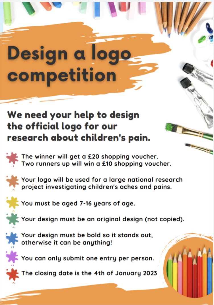 Dr Benjamin Saunders (@bsaunders30) on Twitter photo 📢📢We're launching a competition for children aged 7-16 to design a logo for our <a href="/NIHRresearch/">National Institute for Health and Care Research</a> CAM-Pain research programme, looking at #MSK pain in children and young people. Details on how to enter can be found at the link below👇👇 RTs appreciated!
figshare.com/articles/poste… 📢📢We're launching a competition for children aged 7-16 to design a logo for our <a href="/NIHRresearch/">National Institute for Health and Care Research</a> CAM-Pain research programme, looking at #MSK pain in children and young people. Details on how to enter can be found at the link below👇👇 RTs appreciated!
figshare.com/articles/poste…
