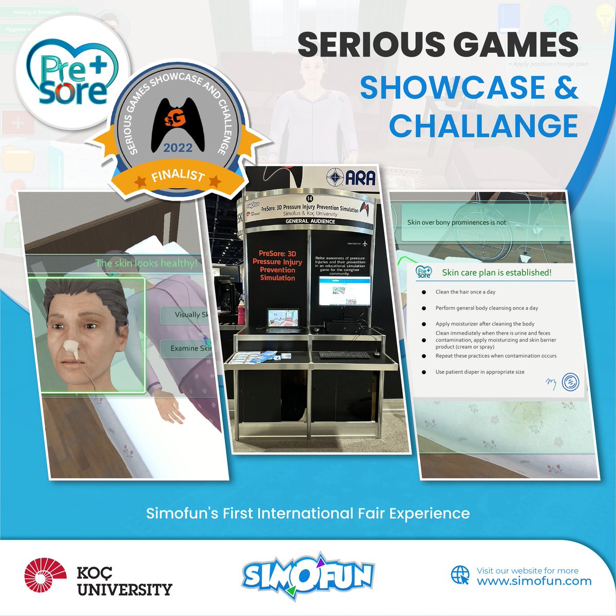 simofungames's tweet photo. We are proud to share that our serious game PreSore: 3D Pressure Injury Prevention Simulation Game has been chosen as the finalist in 2022 Serious Games Showcase &amp; Challenge (SGS&amp;C). ✨ #sgschallenge22 #finalist #seriousgames #simofun #simofungame #simofungames #presore https://t.co/gqgQTKQidM
