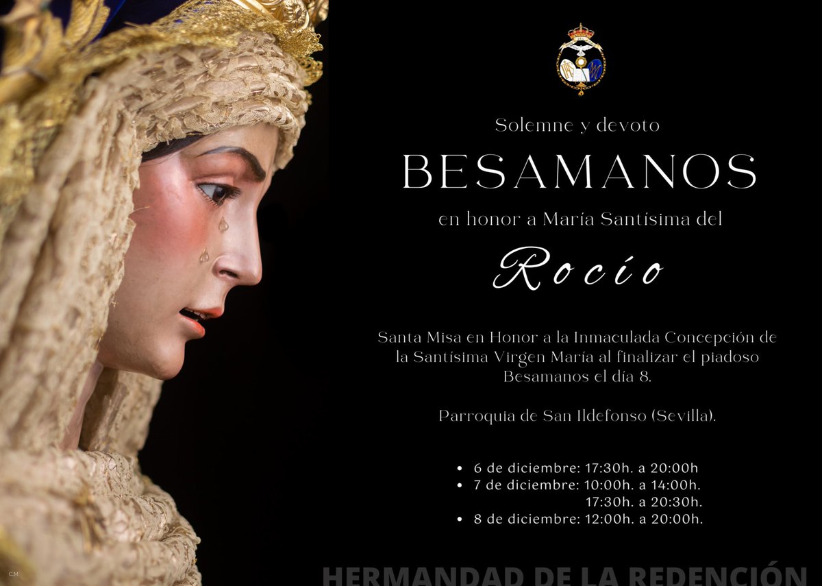 Hdad_Redencion's tweet photo. Va llegando diciembre y con ello el Besamanos de nuestra Madre, la Virgen del Rocío.

#RocíodelCielo https://t.co/3T6NTyAZ7s