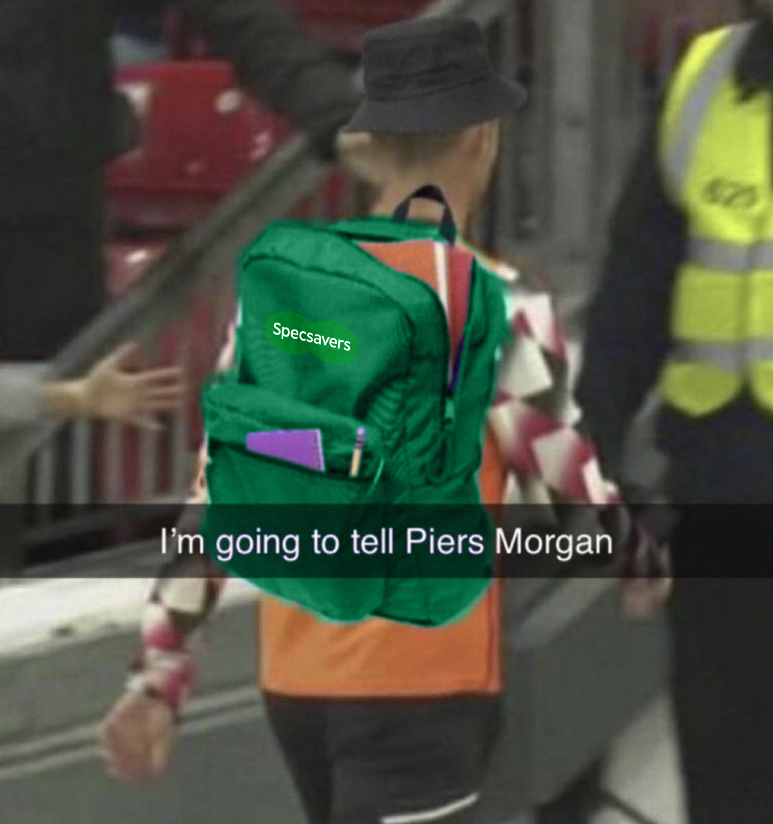 Ronaldo with a Specsavers backpack going to tell Piers Morgan