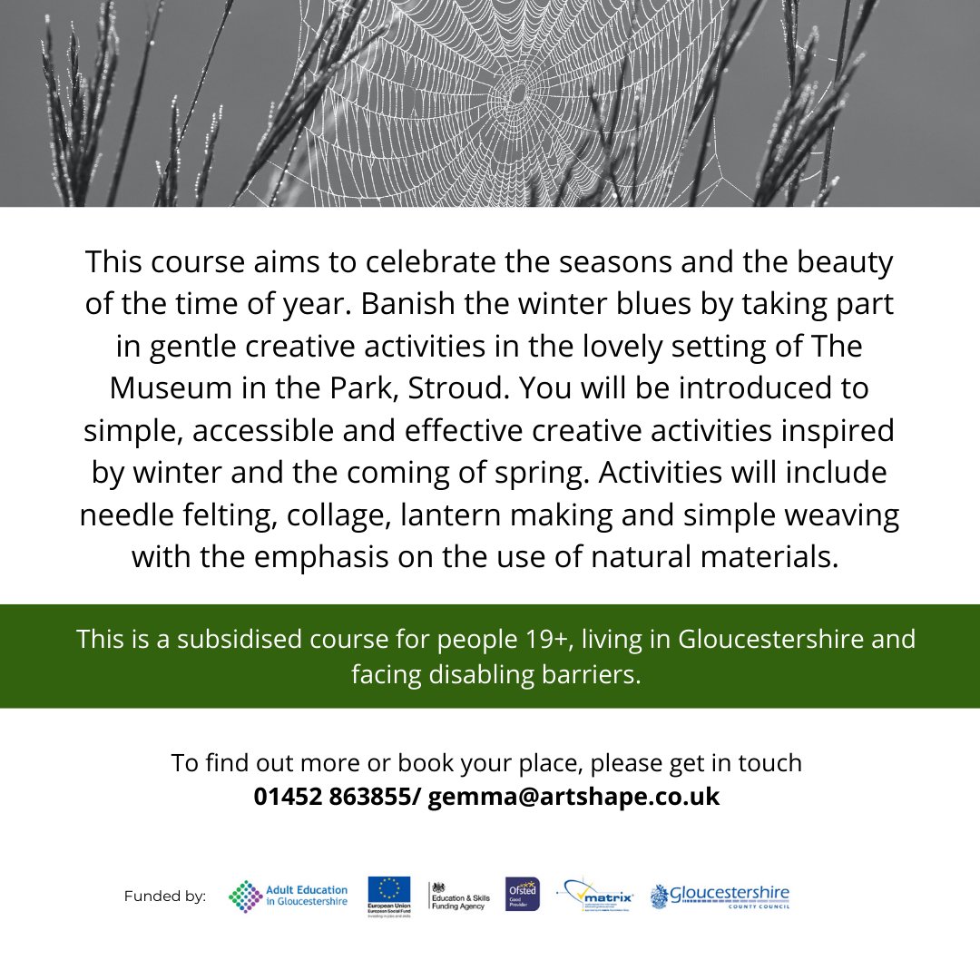 ArtShape's tweet photo. Banish the winter blues by taking part in gentle creative activities in the lovely setting of The Museum in the Park, Stroud. #artshape #winterworkshops #stroud #gloucester #inclusiveart https://t.co/nfS3kq9wGQ