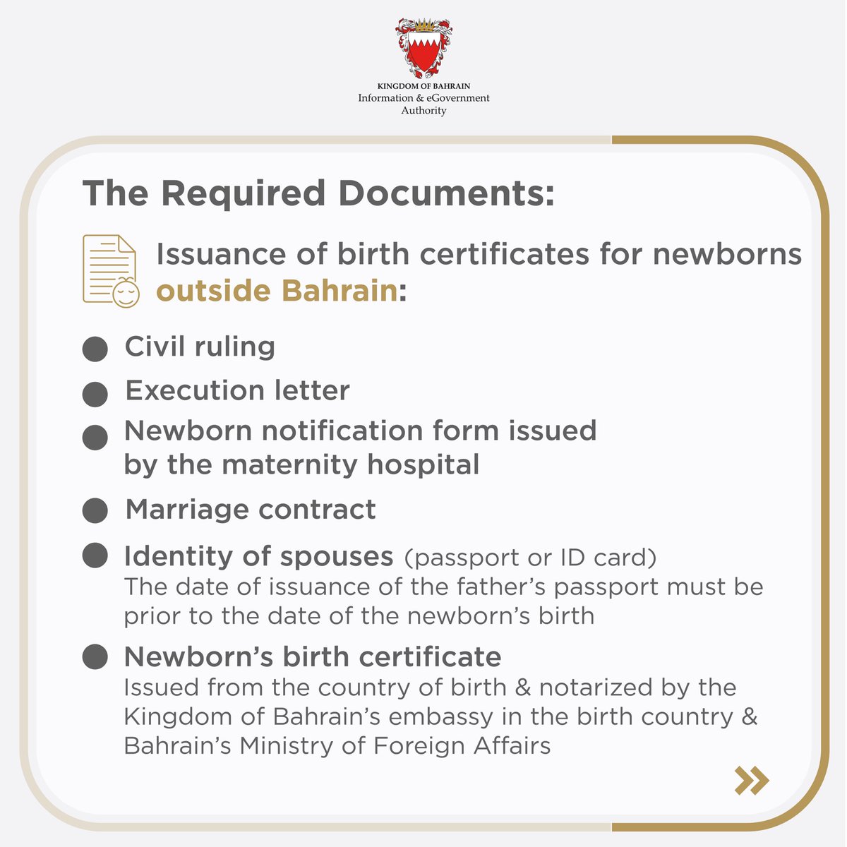 iGABahrain's tweet photo. Get to know the required documents to issue a birth certificate based on the different birth situations.☝️

#certificate #births #birthsanddeathsregistration #bahrain #teambahrain #nationalportal #procedures #requireddocuments https://t.co/WZsHF2skNq