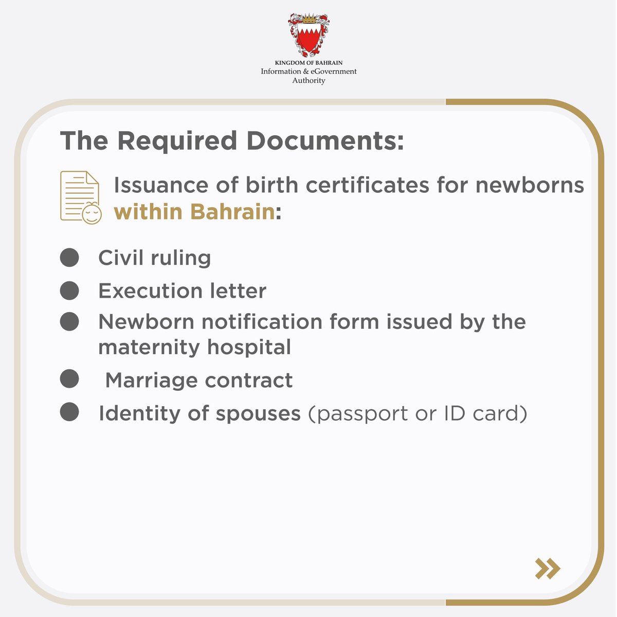 iGABahrain's tweet photo. Get to know the required documents to issue a birth certificate based on the different birth situations.☝️

#certificate #births #birthsanddeathsregistration #bahrain #teambahrain #nationalportal #procedures #requireddocuments https://t.co/WZsHF2skNq