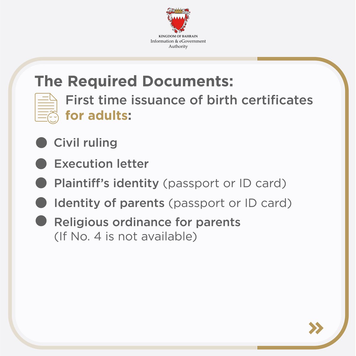 iGABahrain's tweet photo. Get to know the required documents to issue a birth certificate based on the different birth situations.☝️

#certificate #births #birthsanddeathsregistration #bahrain #teambahrain #nationalportal #procedures #requireddocuments https://t.co/WZsHF2skNq