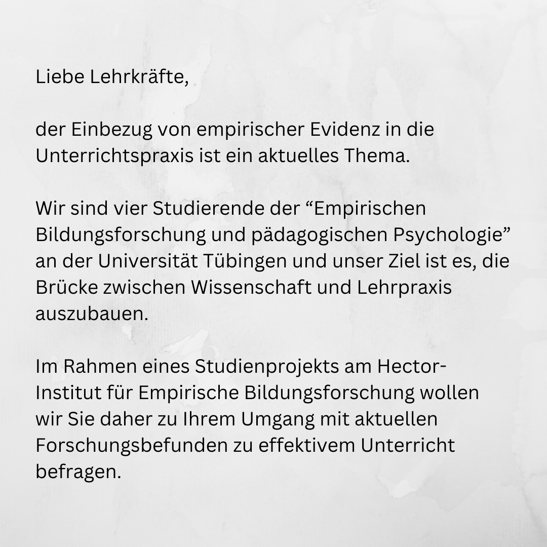 Wir würden uns sehr freuen, wenn Sie als Expert*innen des Unterrichtens an unserer Umfrage teilnehmen. Die Befragung dauert etwa fünfzehn Minuten.

unipark.de/uc/Evidenz/316…

Herzlichen Dank und liebe Grüße
Lydia Karwatzki, Katharina Netzer, Sina Schlüter und Miriam Wolters