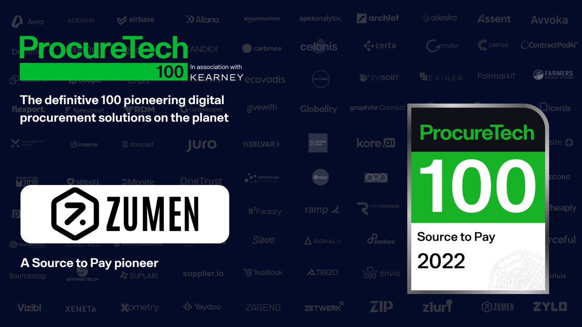 ZumenInc's tweet photo. Excited to be a part of this outstanding list.
It is an absolute honor. A big thanks to @ProcureTech and @kearney  for the acknowledgment.

To more milestones! https://t.co/rJsVb11TN6