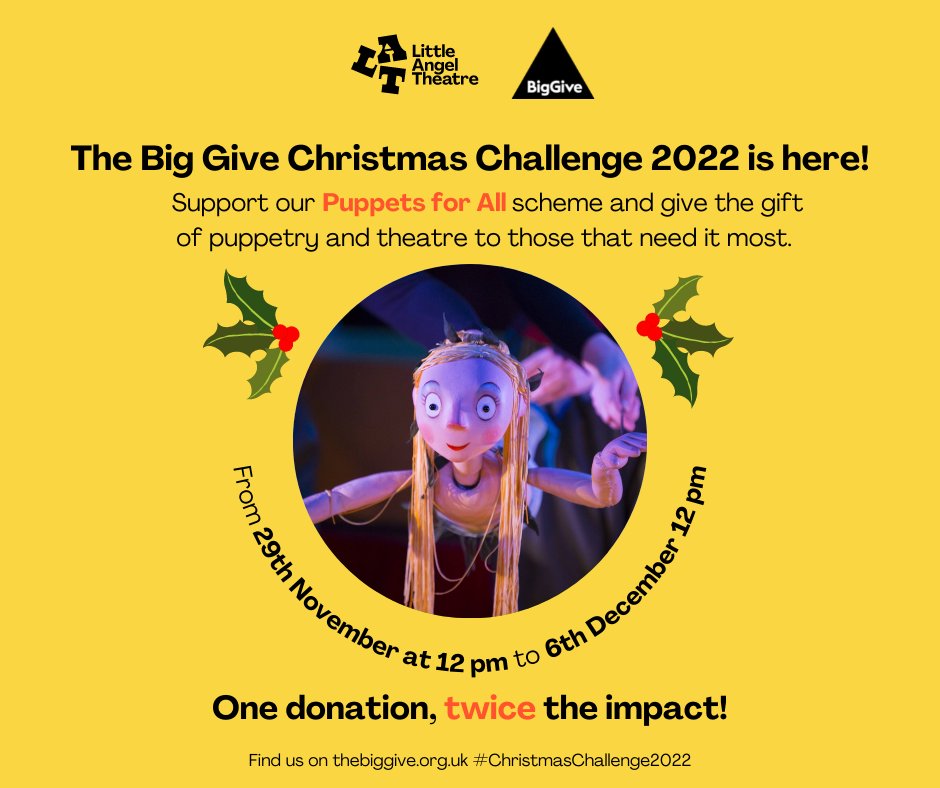 @thebiggiveorg #ChristmasChallenge22 is finally here!

Through our PFA scheme, we want to offer schools &amp; families the opportunity to enjoy the magic of puppetry.

One donation will make TWICE the impact!⁠ 💰️⁠
⁠
🎁: bit.ly/LATBigGive22 
⁠
<a href="/childhoodtrust/">@Childhoodtrust</a>  #GivingTuesday