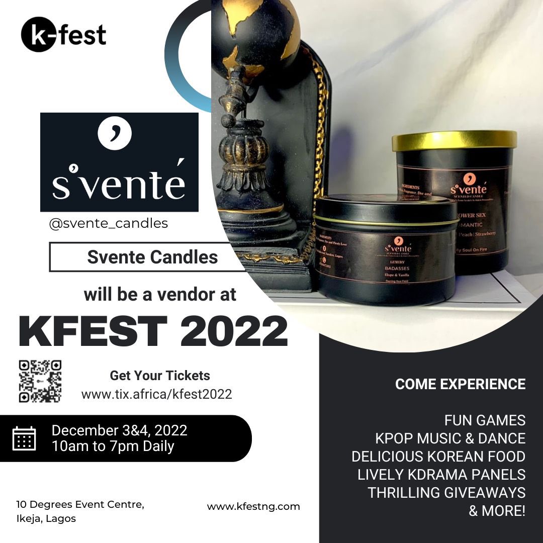 Kfestng's tweet photo. @SventeCandles will be live at #KFEST✨😍

If you love unique scented candles and self care, get ready to shop SVENTE at #KFEST💥💥

Let’s go #KFEST ✨✨ https://t.co/tuaWztNQML