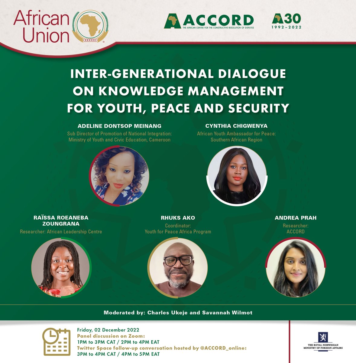 ACCORD_online's tweet photo. Mark Your Calendars🗓️!

Our 6⃣th IGD on the #CFYPS " Knowledge Management For Youth, Peace &amp; Security" is happening this Friday, 2⃣ December 2022.

The dialogue will discuss how consistent monitoring &amp;  evaluation can bolster #YPS efforts.
https://t.co/17mCs0iZ56➡️ https://t.co/IHctfMaEhH