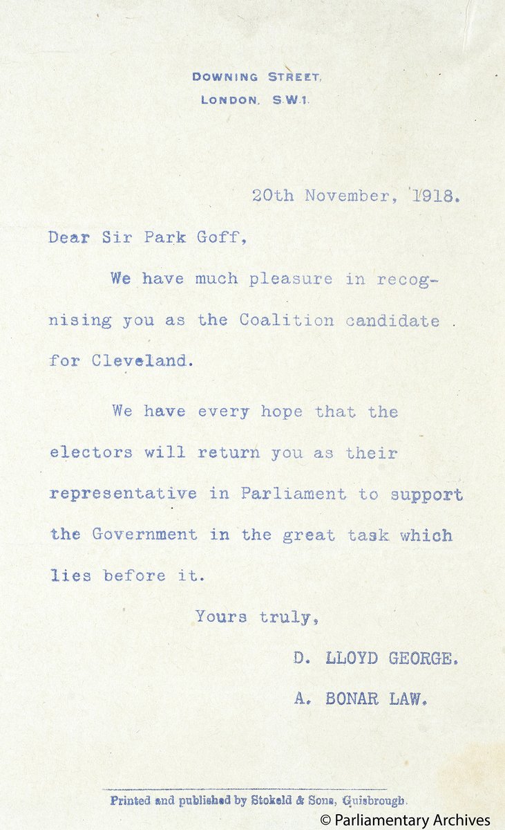 UKParlArchives's tweet photo. Robert Harris’s latest novel ‘Act of Oblivion’ tells the story of regicide Colonel William Goff’s escape to America in 1660. Fast forward to the 1918 Coupon Election when descendant Sir Park Goff was elected MP for Cleveland. Below a letter of support from Lloyd George. #TowerRex https://t.co/iGT9PYVGyK
