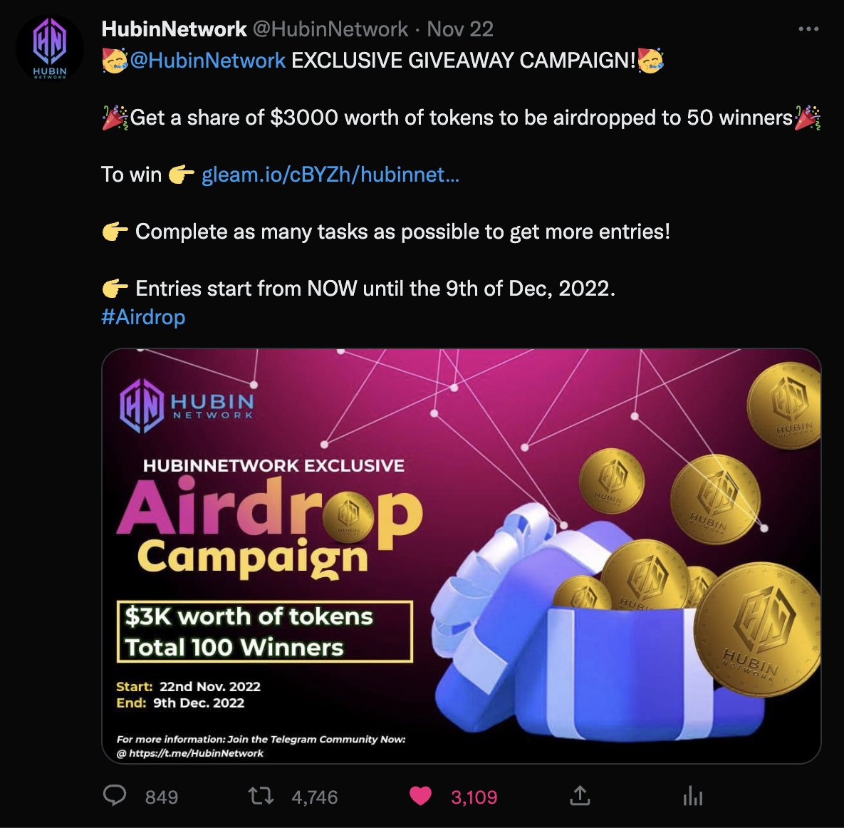Thank you guys for your amazing support!!💥💥💥

⭐️Over 800 comments, 4700 retweets and 3000 likes on our airdrop campaign!!

⭐️Make sure to participate in our new Referral Campaign to win over $3k in tokens as well

✅️Link: t.me/HubinNetworkBot