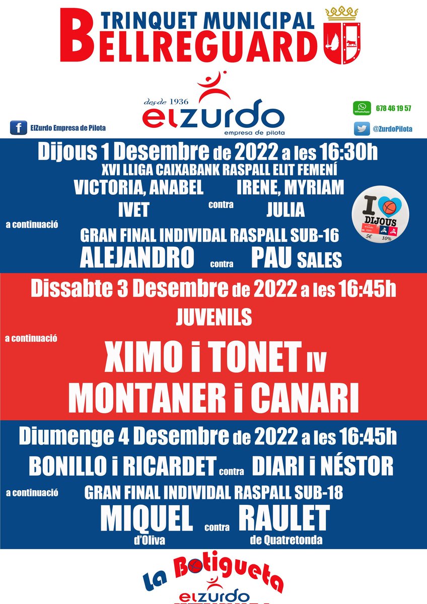 🗣PROGRAMACIÓ SETMANAL
al @ZURDOPILOTA de Bellreguard 
📍DIJOUS (Low Cost ⬇️💰)
Lliga Caixabank Raspall Elit Femení 🔝🚺
Gran Final C.Individual Raspall Sub-16
📍DISSABTE
El millor Raspall Professional 
📍DIUMENGE
Raspall Professional
Gran Final C.Individual Raspall Sub-18