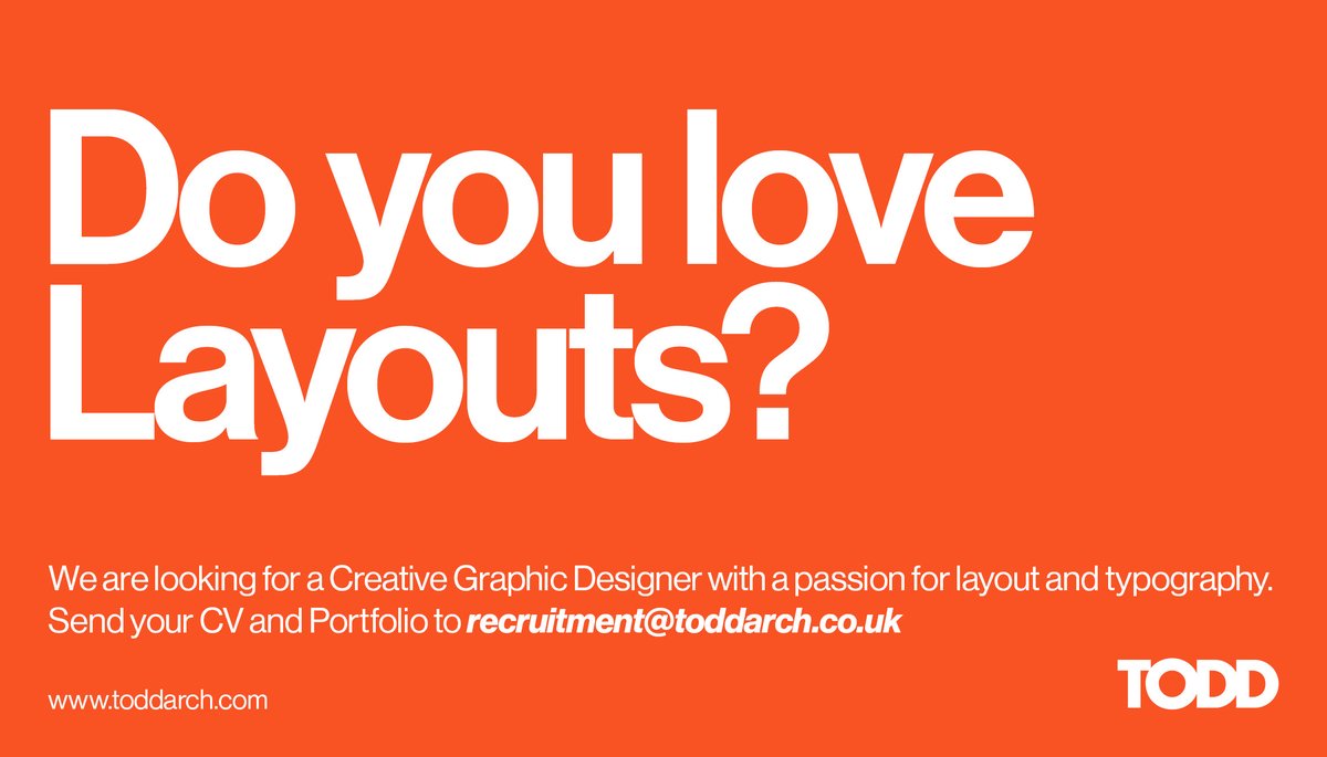 We are looking for a creative and ambitious Graphic Designer to join our team in Belfast, supporting our studios in Dublin, London and Manchester. 

Learn more here: bit.ly/3EJGDVn

If interested, please send your portfolio &amp; CV to recruitment@toddarch.co.uk

#TeamTODD