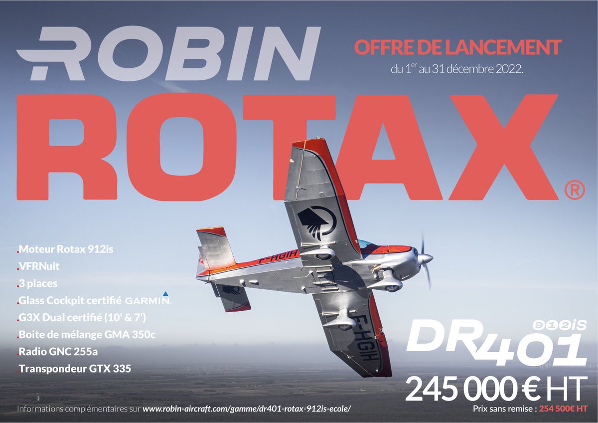 DR401-912is
🚨Offre de lancement
Robin Aircraft offre une remise sur les commandes de ce nouveau modèle pendant le mois de décembre 2022.
Configuration DR401-912is VFRNuit :
Glass Cockpit certifié avec Garmin G3X Dual
Plus d’informations : robin-aircraft.com/gamme/dr401-ro……
#rotax #dr400
