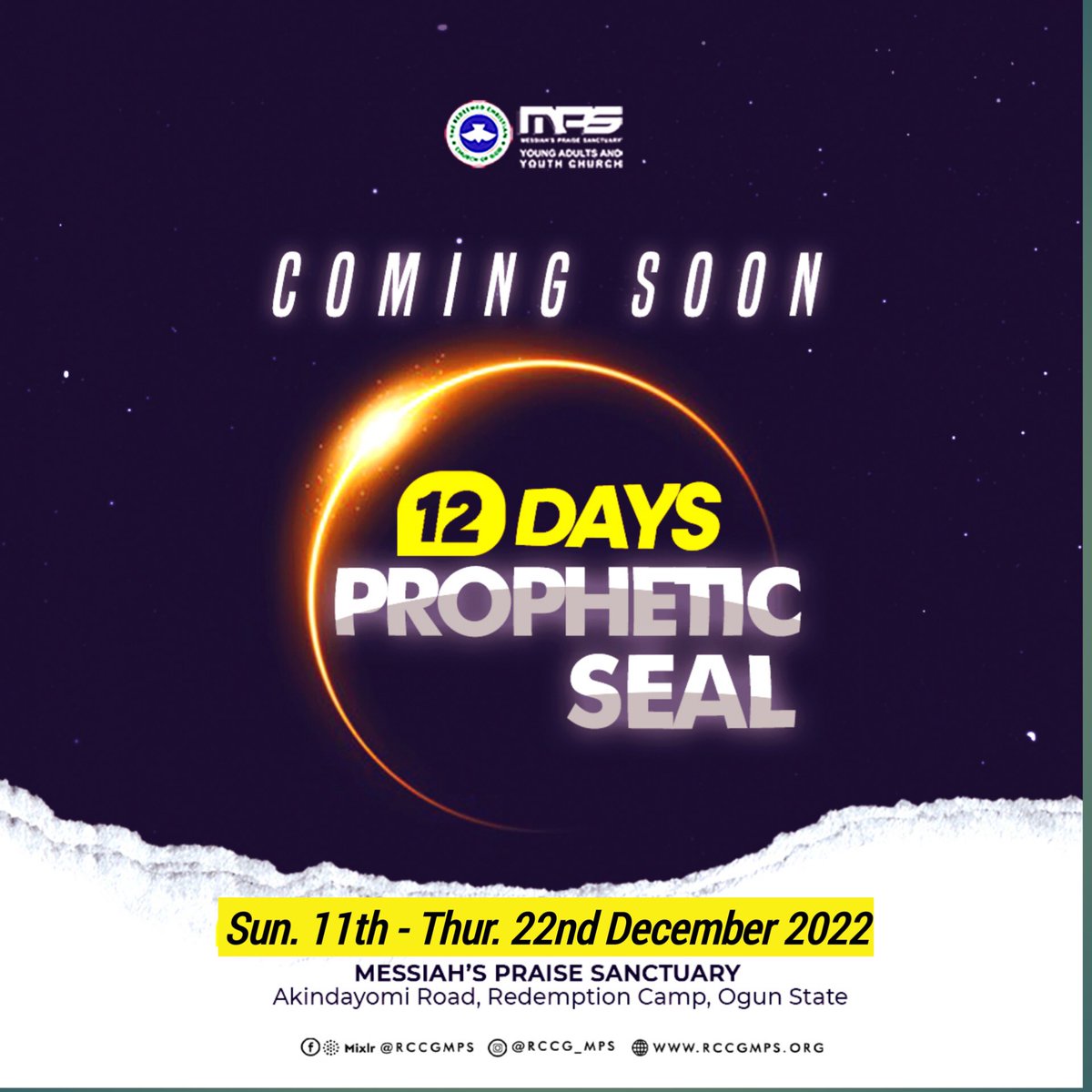 rccgmps's tweet photo. Are you ready 🥁 🥁 for what is about to happen, it’s the  12days Prophetic Seal which will start from the 11th of December till the 22nd of December 2022. Save the date and plan to attend. https://t.co/T9rHa7Y0HW