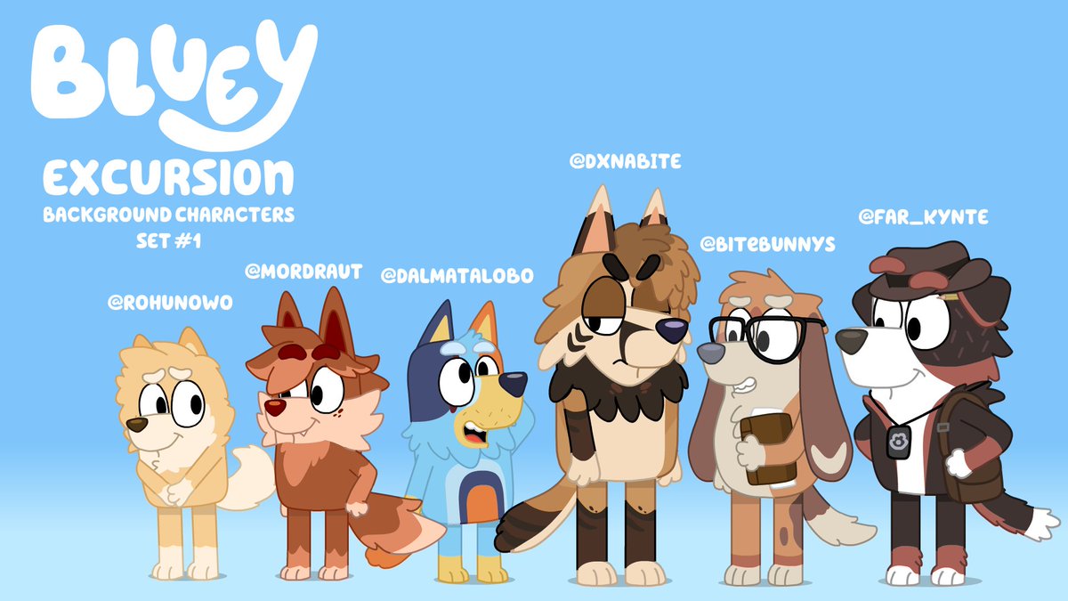 SatAnimations's tweet photo. 1st set of background characters for the next bluey fan animation is complete! Featuring @rohunowo @mordraut @DalmataLobo @Dxnabite @BiteBunnys and @Far_Knyte! #Bluey #BlueyFanAnimation #BlueyExcursion https://t.co/5wXi8OdYoV