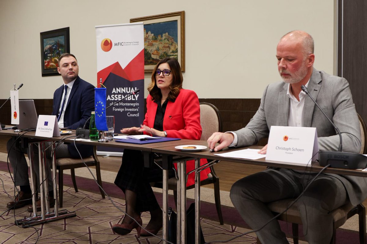 EUAmbME's tweet photo. Interesting discussion with foreign investors in 🇲🇪. Many thanks to @MFIC_official for hosting me🙏. To achieve its economic potential 🇲🇪 needs political stability in order to pursue key rule of law reforms⚖️, implement crucial structural reforms📊&amp; advance on 🇪🇺 path⏩. https://t.co/kaPkQl1hqD