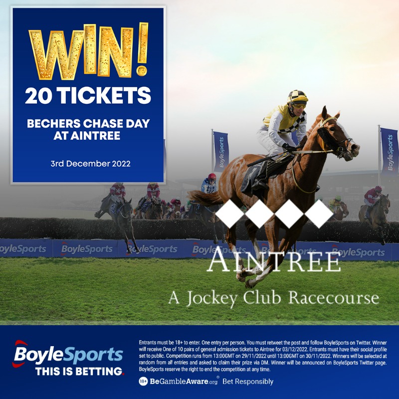 BoyleSports's tweet photo. 🎟 We're giving away TEN pairs of tickets to Saturday's action at @AintreeRaces for the BoyleSports Becher Chase day.

To enter:
🔁 Retweet this post
✅ Follow @BoyleSports

T&amp;Cs apply.
