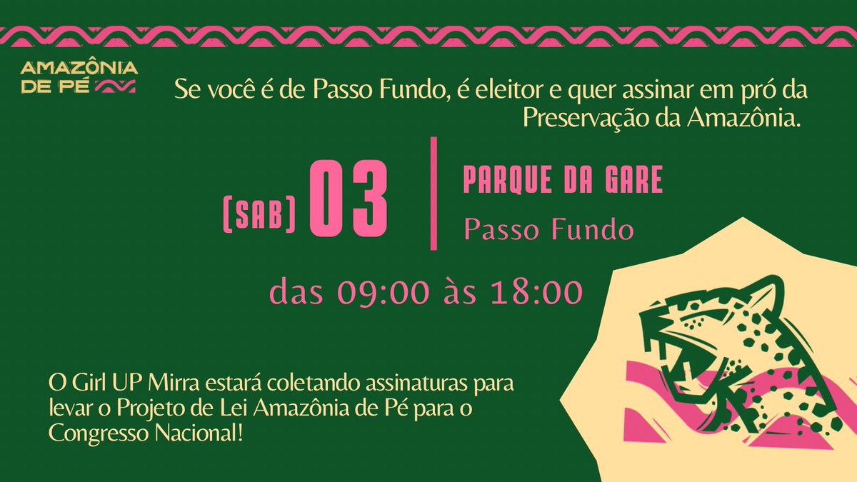 girlupmirra's tweet photo. EVENTO GIRL UP EM PASSO FUNDO
dia 3 de dezembro, sábado
no Parque da Gare
- Coleta de assinaturas para o #amazoniadepe
- doação de absorventes da campanha #livreparamenstruar
As doações serão direcionadas para a ONG Amor #passofundo https://t.co/0yp7EfKXxz