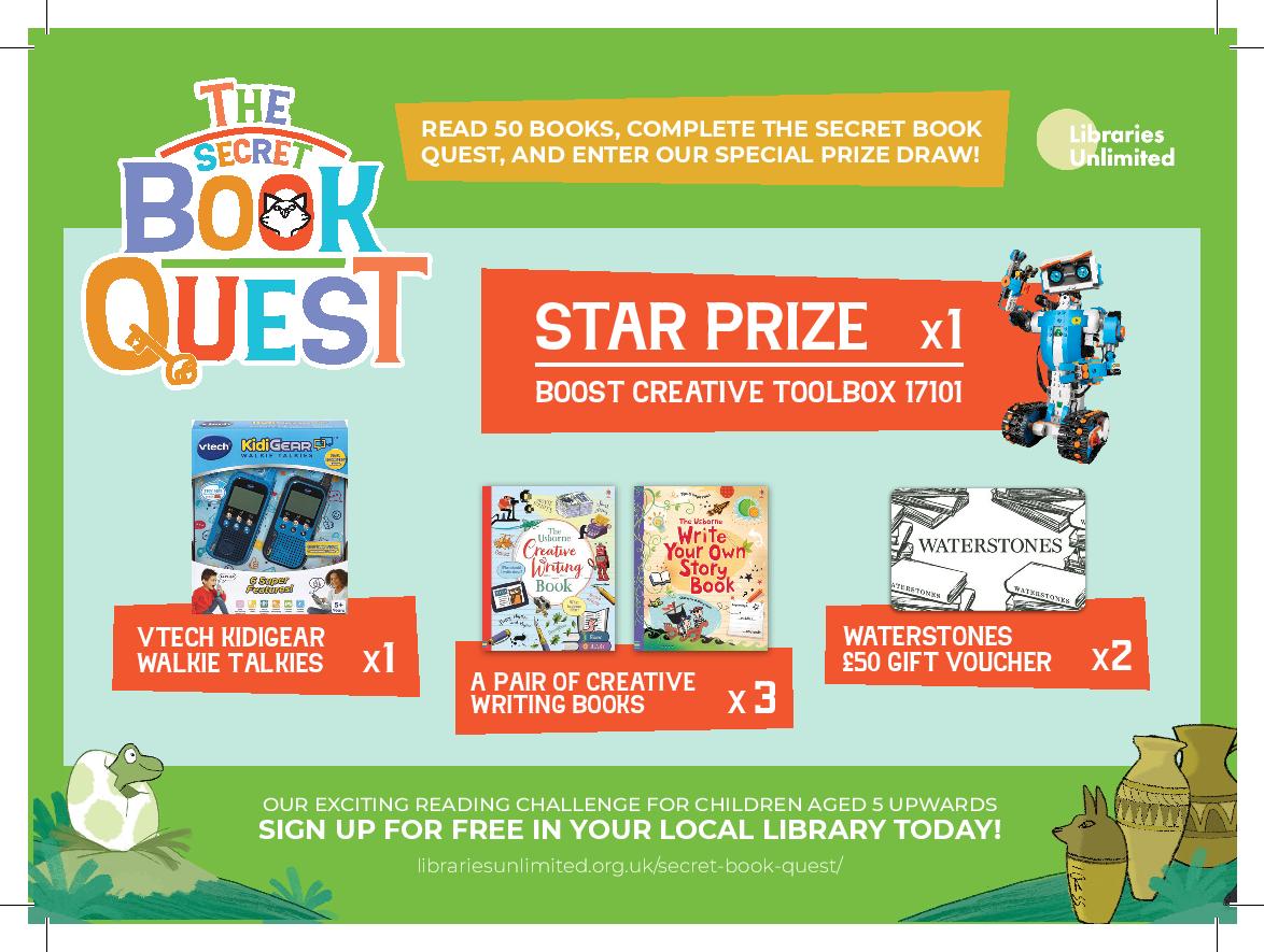 The Secret Book Quest is the exciting reading challenge for children aged 5 upwards who are members of Devon/Torbay Libraries!

Find out more at:
librariesunlimited.org.uk/secret-book-qu…

<a href="/LibrariesUnLtd/">Libraries Unlimited</a>