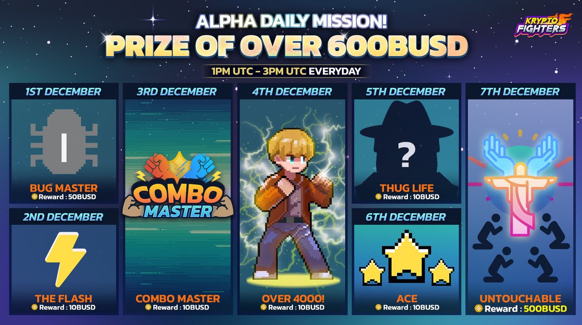 ALPHA MISSIONS • DAY 1-7 The wait is almost over! Alpha Test is near! YES! ALPHA IS ALMOST HERE! Get hyped, get excited! 7 Days Alpha Test Missions are waiting for you! Rewards over 600 BUSD K-points More info discord.gg/kryptofighters #Alphatest #KF7d7m #AMA #Kryptofighters