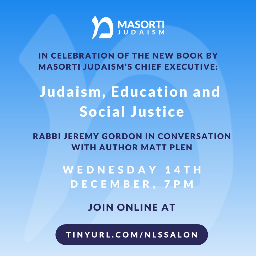 Our Chief Executive has written a book! Join us to celebrate the launch of Judaism, Education & Social Justice by author @MattPlen. He'll be in conversation with @RabbiJeremy. We’ll meet online at 7pm on Wednesday 14th December. Access the Zoom room here: tinyurl.com/nlssalon