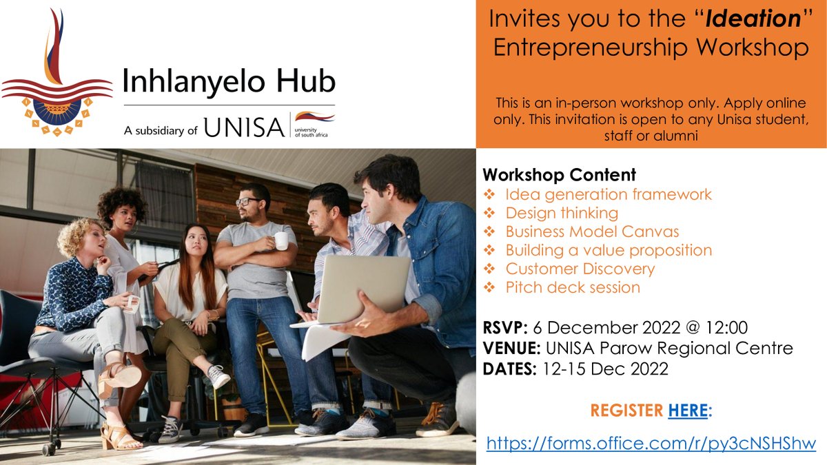 inhlanyelohub's tweet photo. Inhlanyelo Hub's mandate is to instill entrepreneurship development for staff, students and Unisa Alumni. We are looking for those of you with a business idea &amp; want to participate in an entrepreneurship workshop. To participate complete this survey : https://t.co/l6icI5ShyZ https://t.co/BNWu2Xi7Xd