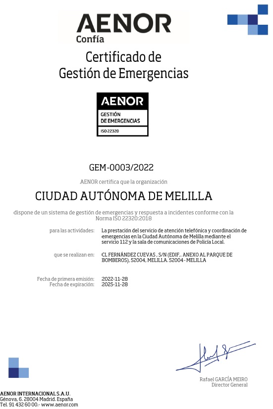 112MELILLA's tweet photo. 📢 @AENOR otorga al servicio @112MELILLA y a la sala de Comunicaciones 📻☎️de @policia_localML
👉Certificación Gestión de Emergencias - ISO 22320
referente a la hora de responder de forma eficaz y coordinada a los riesgos derivados de las emergencias 🚑🚒🚓
#ISO9001 #ISO22320 https://t.co/O77d1ydPnj