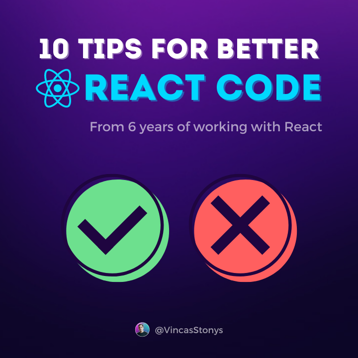 VincasStonys's tweet image. In 6 years of working with React, I've learned practices that help me write better components.
Here are my 10 tips to make your React code better 👇