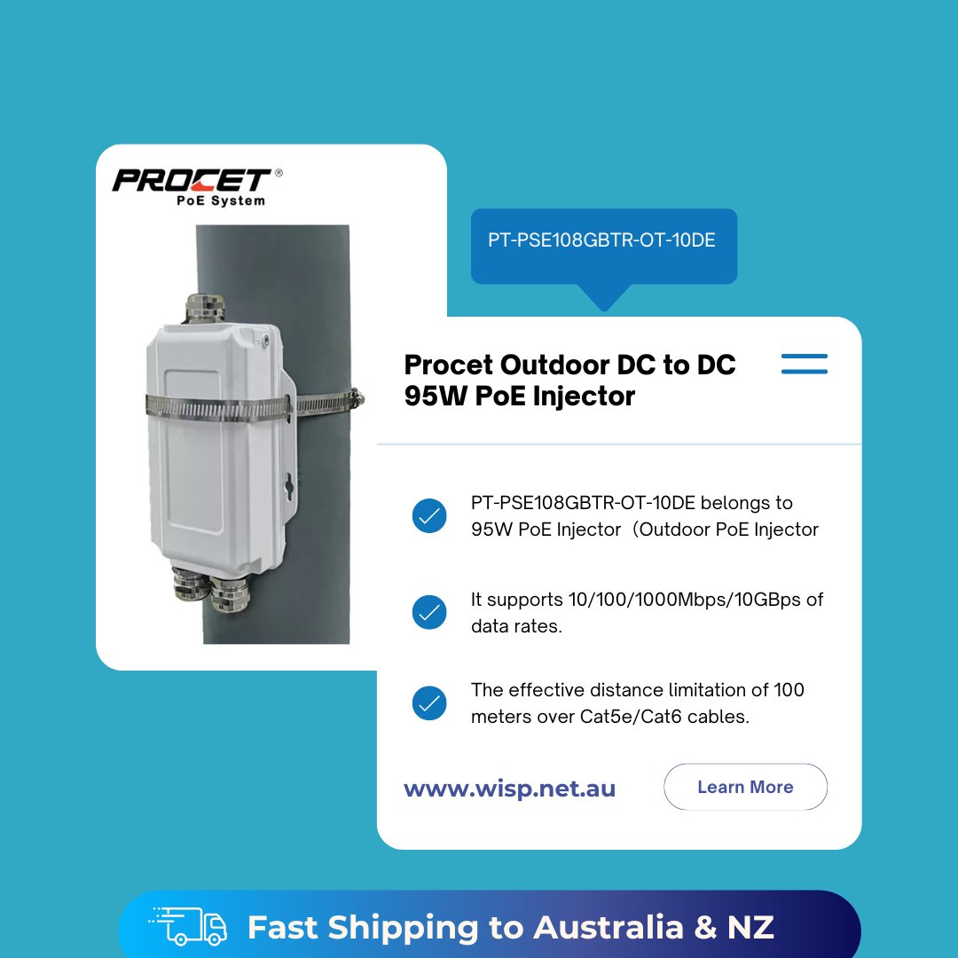 wispaustralia's tweet image. #Procet
Find Procet PT-PSE108GBTR-OT-10DE Outdoor DC to DC 95W PoE Injector at WISP Australia. PT-PSE108GBTR-OT-10DE belongs to 95W PoE Injector（Outdoor PoE Injector）, is a single port midspan Injector..

✔Visit wisp.net.au/procet-pt-pse1…

#PoEInjector #australia #PoE #Injector