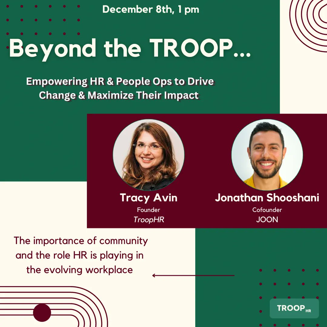 JoinTroopHR's tweet photo. We are so excited for our founder, Tracy Avin’s chat with Jonathan Shooshani, co-founder of JOON! They will be discussing how necessary HR’s role is in the ever-changing work environment. Definitely an important discussion!!

Register and learn more here: https://t.co/dc3JXhcUwX https://t.co/12XrNdWVzo