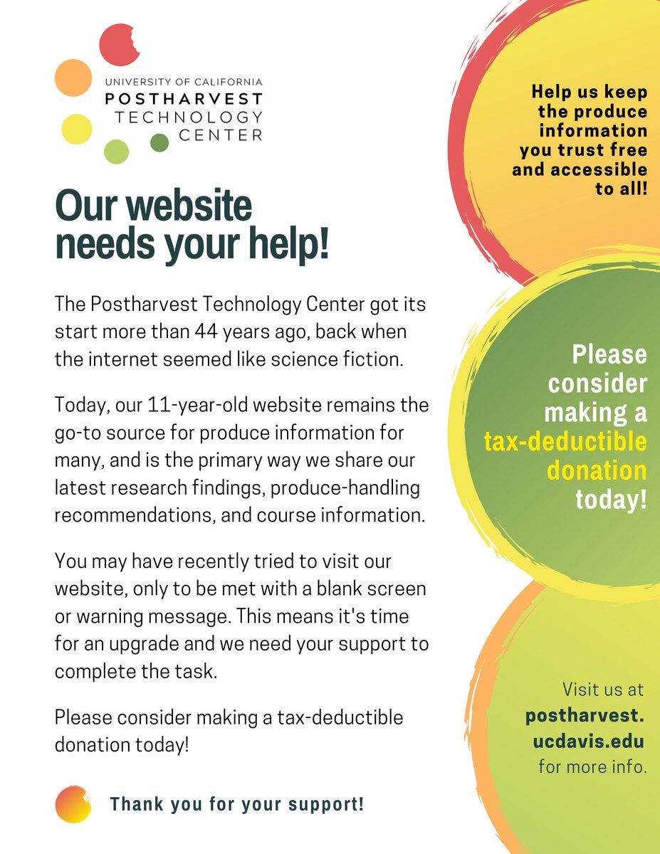 On this #GivingTuesday, please consider making a tax-deductible donation to help the UC Postharvest Technology Center upgrade its official website. Give today at tinyurl.com/mpahkmcc 💟