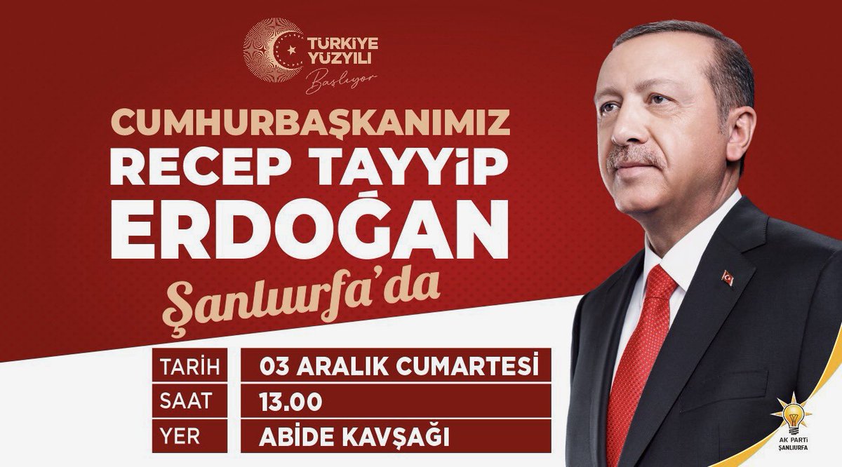 Cumhurbaşkanımız ve Genel Başkanımız Sayın <a href="/RTErdogan/">Recep Tayyip Erdoğan</a> Şanlıurfa'mıza geliyor.  

📆 3 Aralık Cumartesi 
🕓 Saat 13:00 
📌Abide Kavşağı 

Toplu açılış mitingine tüm halkımız davetlidir.

#ReisUrfayageliyor