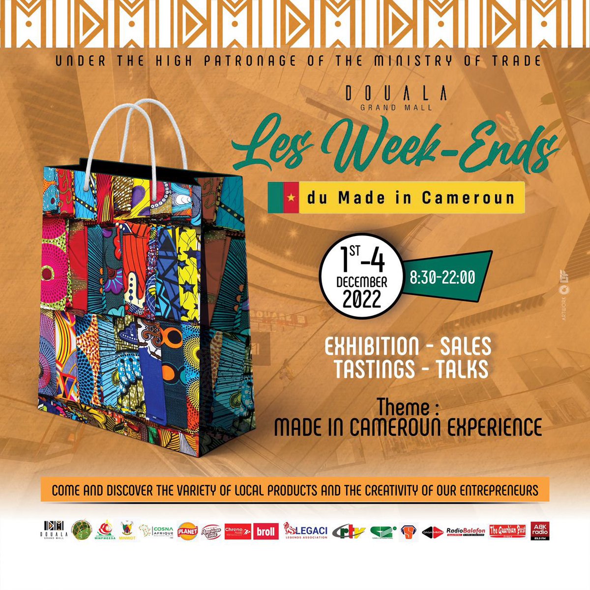 ActuEvent2Fifi's tweet photo. #ExpositionVente 📌

🔅Les week-ends du Made in Cameroun

💡 Thème : Made in Cameroun experience.

Au programme : 
- Exhibition
- Sales
- Tastings
- Talks

🗓️ 1 Au 4 Décembre 2022
⌚ 8h30- 22h00

⛳ Douala Grand Mall

#MadeInCameroun
#ActuEvent2Fifi #Legaci https://t.co/C5h6p70cJS
