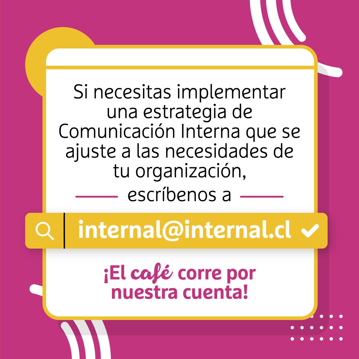 internalCI's tweet image. 🟠¿Sabes cuáles son los beneficios de contar con una buena estrategia de #ComunicaciónInterna?

✅Si quieres generar un plan que mejore el clima laboral, potencie la cultura y aumente tus resultados, escríbenos a internal@internal.cl .

#comunicación #estrategia