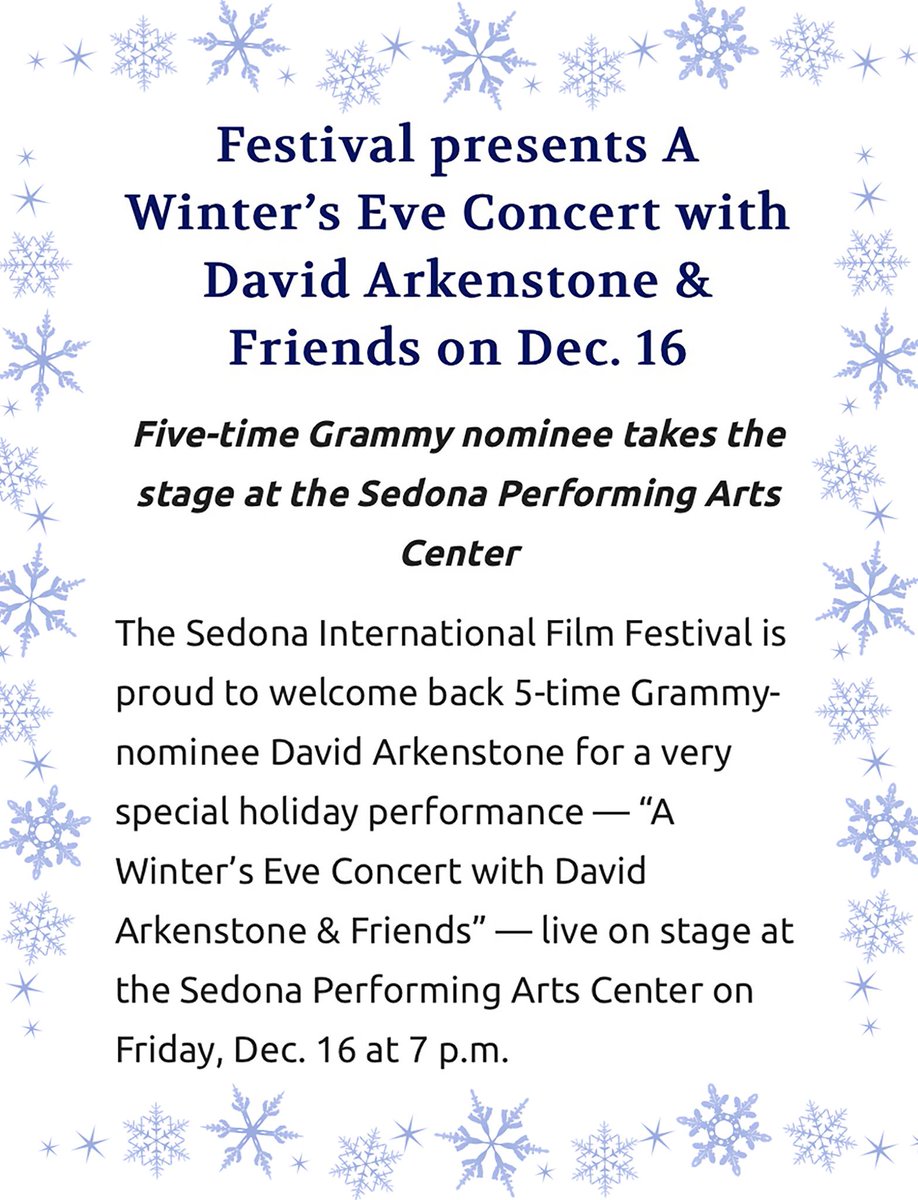 So happy to be back in Sedona during the winter &amp; looking forward to playing wonderful Performing Arts Center! Thank you Patrick Schweiss &amp; Sedona Internat. Film Festival for inviting us again. Love Sedona crowds &amp; their energy. See you there!~D 

Tix: prod5.agileticketing.net/WebSales/pages…