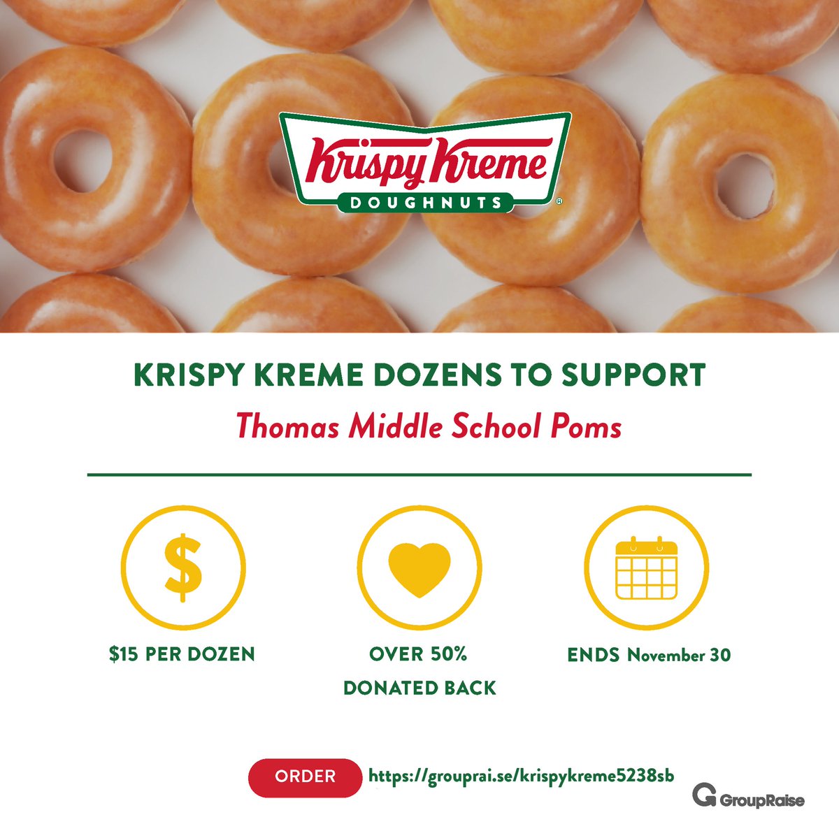 The final countdown is on‼️ 🍩🕛 Get your <a href="/KrispyKreme/">Krispy Kreme</a> dozens in support of Thomas Middle School Poms. With 50% of your order donated back, there is no better reason to treat yourself today 😄 Get your freshly glazed doughnuts here: grouprai.se/krispykreme523…   #TMSPoms