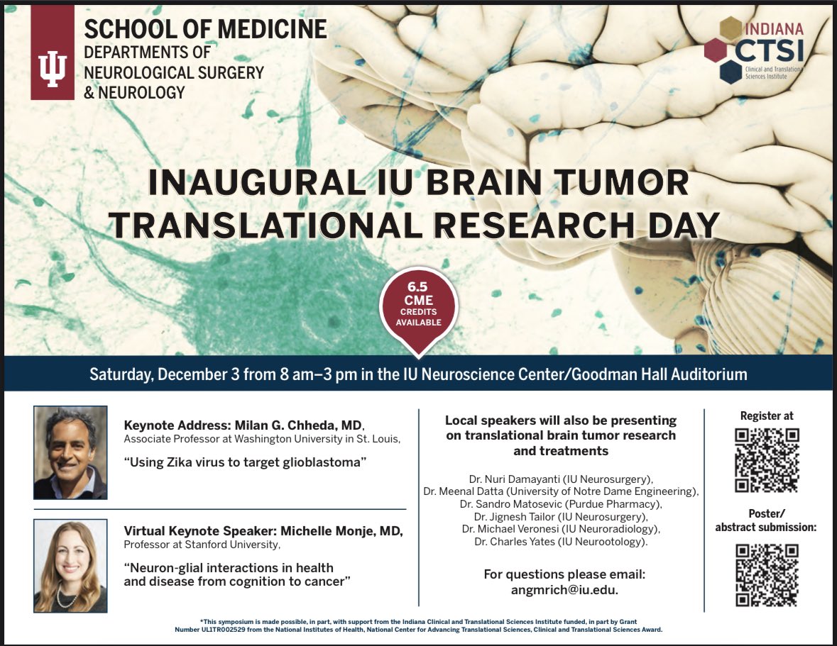 Excited for the upcoming Inaugural IU Brain Tumor Translational Research Day! With a lineup of incredible speakers and presenters, it’s sure to be an exciting and educational day. Remember, today is the last day to submit your abstracts— use the QR code or link in bio!