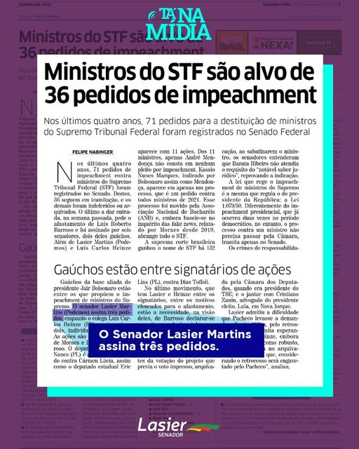 lasiermartins's tweet photo. O @correio_dopovo fez um balanço dos pedidos de impeachment de ministros do STF parados no Senado. Isso vem de longe, é uma confraria. Parlamentares protegem ministro que, por sua vez, protegem os parlamentares. O jogo é difícil, mas temos de romper os acordos de autoproteção. https://t.co/dGVE8Lwt5J