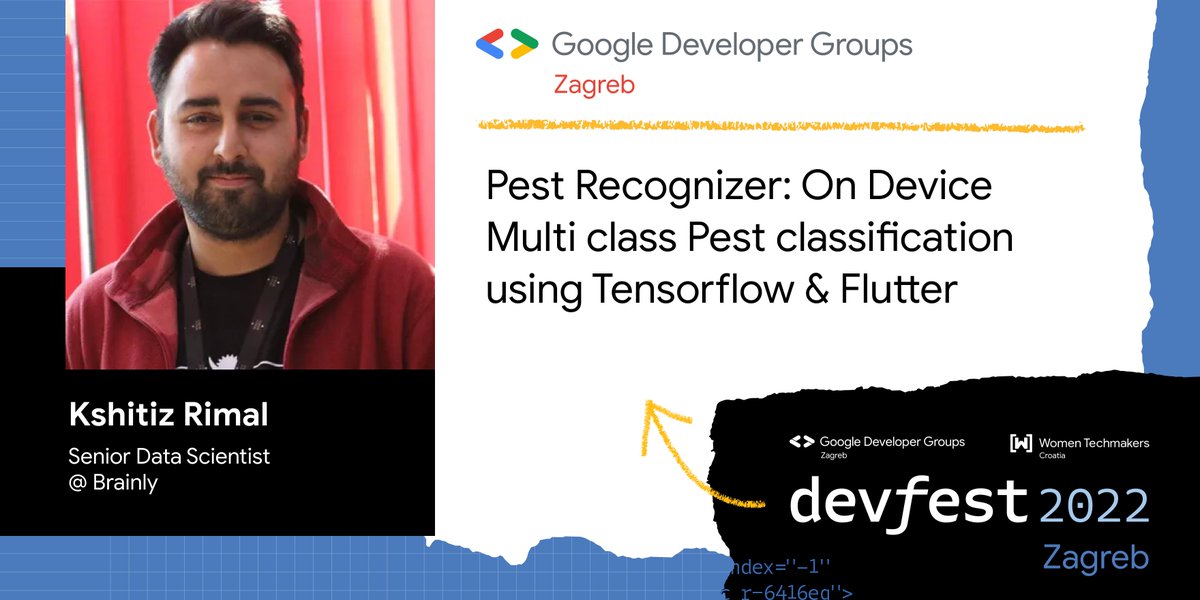 🔥 Speaker Announcement 🔥

Kshitiz Rimal, a GDE on Machine Learning will show us an overview of a project that classifies crop pest among 102 different categories on device using Tensorflow and Flutter. 

#gdg #gdgzagreb #wtm #wtmcroatia #devfest #devfest2022