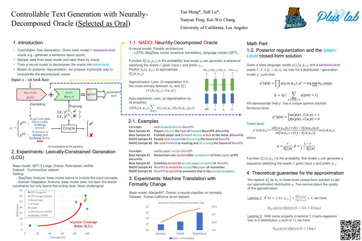 VioletNPeng's tweet photo. Later today (11/29) 2pm CST, we will present NADO, a controllable generation algorithm that can steer large PLMs to consider future constraints (e.g., lexical, style, fairness) with theoretical guarantees. It's an #oralpaper. In the student's own words: https://t.co/YnxVNkTsPH https://t.co/dofKCIiaXS