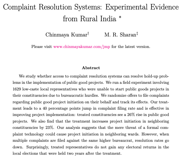 Chris Blattman (@cblatts) on Twitter photo How do you build downward accountably into state bureaucracies, where the money comes from the top?
An important new paper by <a href="/Chinmayak/">Chinmaya kumar</a> (on the economics & policy job market) and <a href="/sharanidli/">M.R. Sharan</a>.
A clever evaluation of India's new intra-governmental complaints resolution system How do you build downward accountably into state bureaucracies, where the money comes from the top?
An important new paper by <a href="/Chinmayak/">Chinmaya kumar</a> (on the economics & policy job market) and <a href="/sharanidli/">M.R. Sharan</a>.
A clever evaluation of India's new intra-governmental complaints resolution system