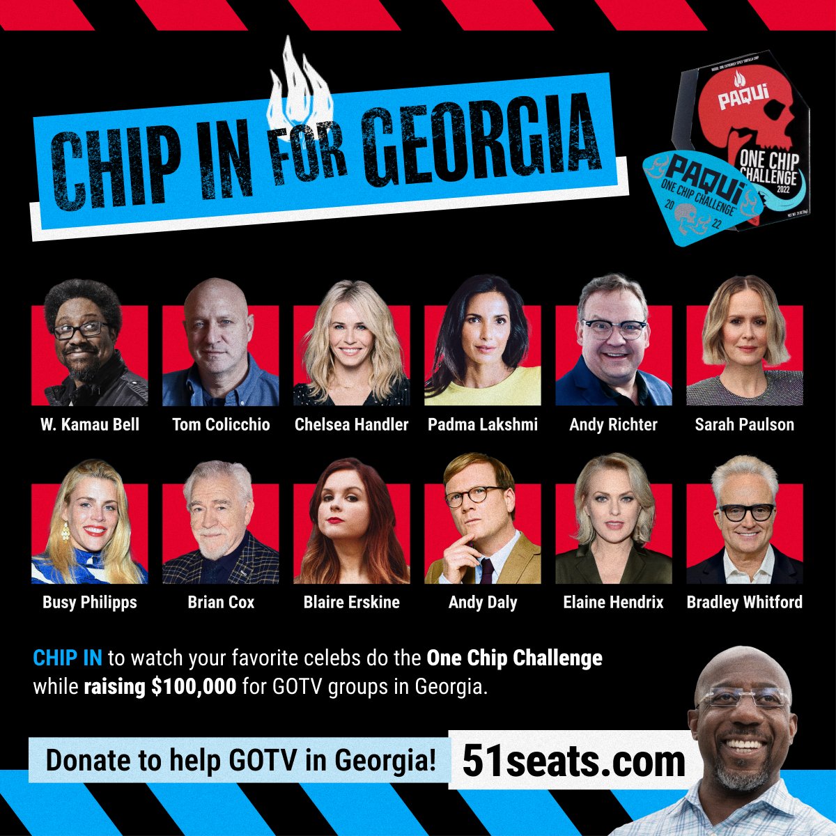 MoveOn's tweet photo. Want to see @wkamaubell, @tomcolicchio, @chelseahandler, @PadmaLakshmi, @AndyRichter, @MsSarahPaulson, @BusyPhilipps, Brian Cox, @blaireerskine, @TVsAndyDaly, @elaine4animals &amp; @BradleyWhitford do the One Chip Challenge?

#ChipInForGA at https://t.co/KeuH3p2EEp to make it happen! https://t.co/Kon5gY8KHr