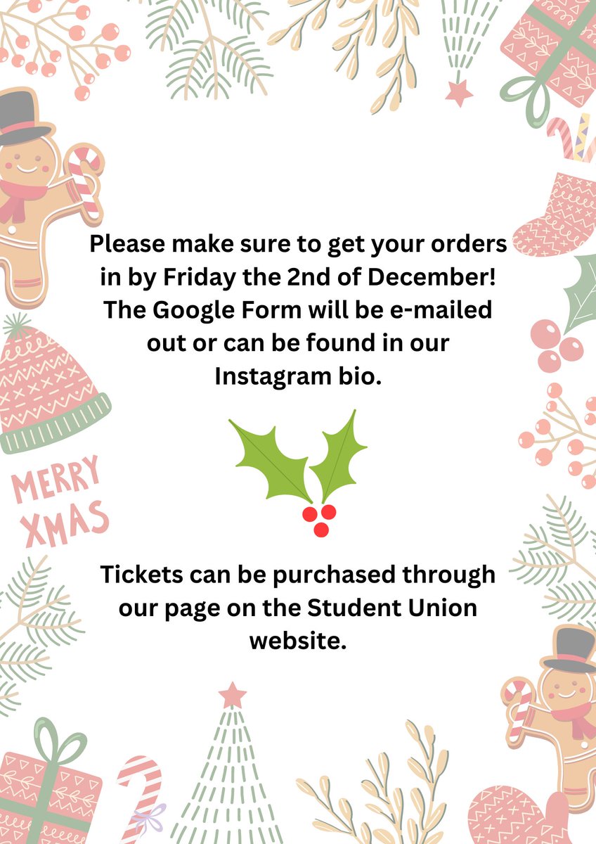 We will be celebrating at Revolution Parsonage Gardens on Wednesday 7th December with a festive 3-course meal for just £18.95. Please purchase a ticket from the SU (the ticket link will be live tomorrow) and fill in menu choices by 1200 on FRIDAY 2nd December. 💜