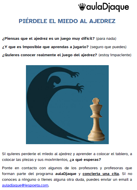aulaDjaquePoeta's tweet photo. Este año empezamos con el programa aulaDjaque en el IES Poeta García Gutiérrez, estamos poniendo en marcha varias actividades, como ejemplo: 
"Piérdele el miedo al #ajedrez" https://t.co/PTbF2gzXSr