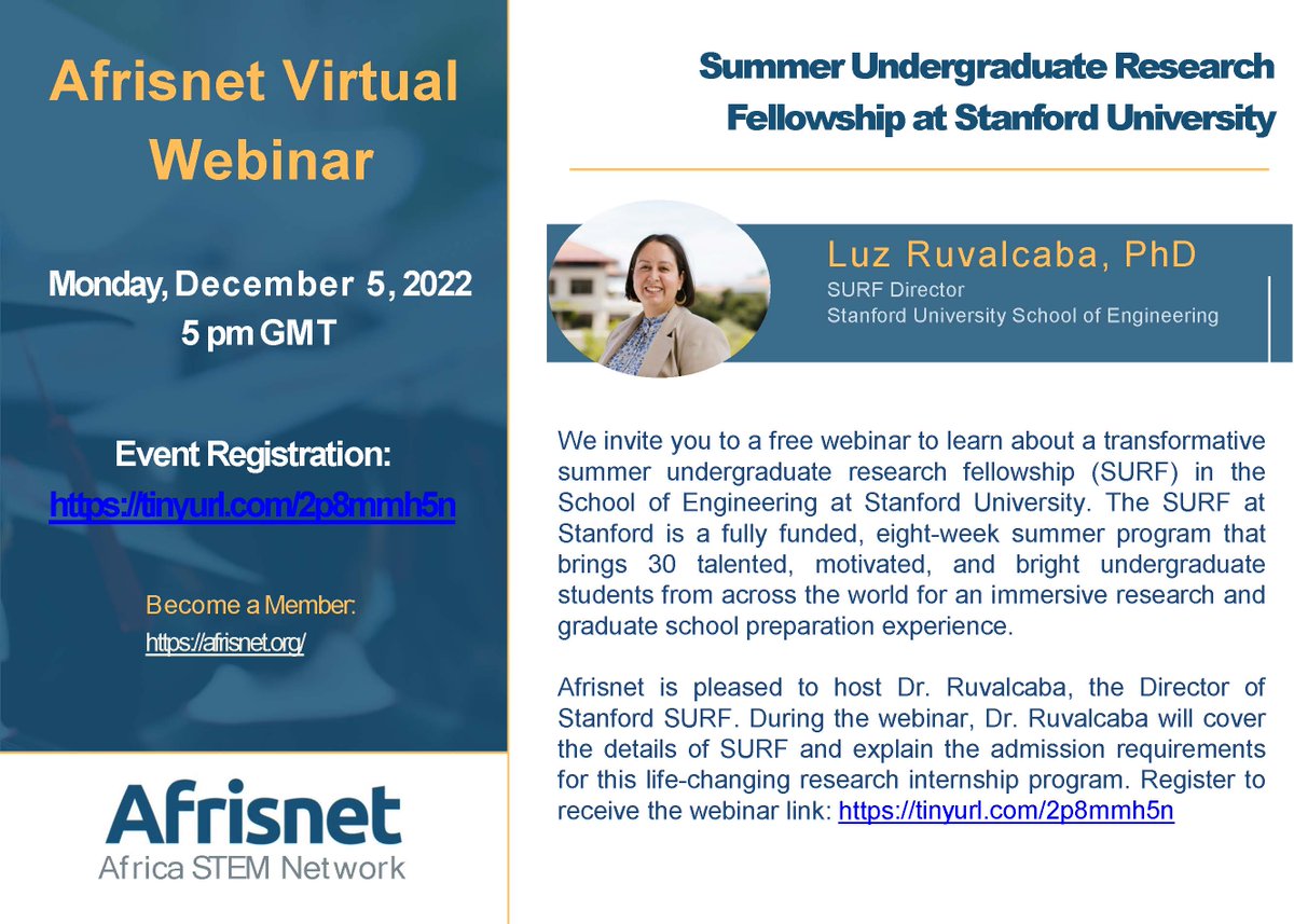 A fully funded summer undergraduate research internship at Stanford University! Attend a free webinar to learn more about this transformative program that recruits students from all over the world. Register to receive the webinar link: lnkd.in/g-mvhvdB.