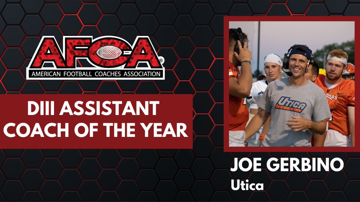 WeAreAFCA's tweet photo. Congratulations to @CoachGerbino of @Utica_Football on winning the 2022 AFCA DIII Assistant Coach of the Year 🏈👑 https://t.co/sr8HveV8eV