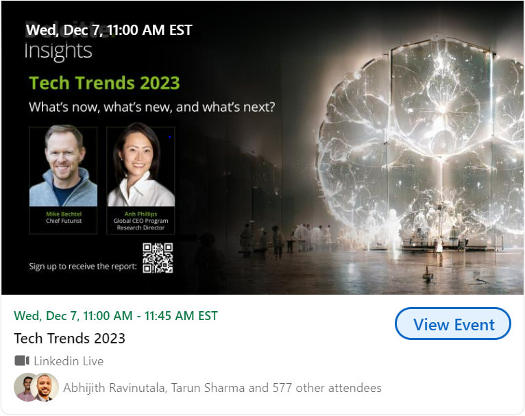 What’s next for enterprise tech? Join me and <a href="/mikebechtel/">Mike Bechtel</a> on 7 December as we share the findings of the #TechTrends 2023 report.
linkedin.com/video/event/ur…