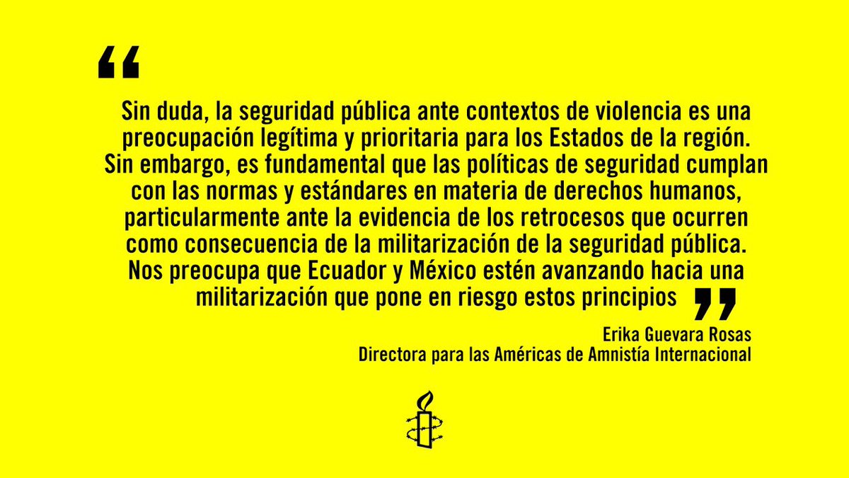 AmnistiaOnline's tweet photo. “La militarización ha fracasado una y otra vez en varios países de la región. Las autoridades de #Ecuador y #México deberían de llevar a cabo una revisión del uso de las fuerzas armadas en tareas de seguridad pública”. @ErikaGuevaraR 

Más ➡️ https://t.co/P4prZMgRuX https://t.co/iiVik3n8JD